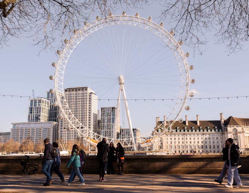 A large white Ferris wheel with enclosed passenger cabins is prominently featured in the center of the image, set against a clear blue sky. Surrounding the Ferris wheel, there are modern high-rise bui